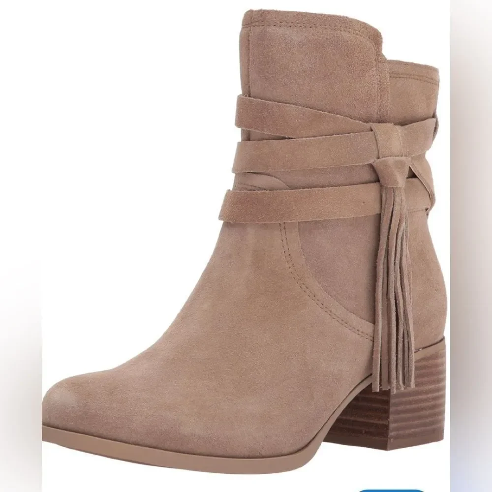 Kookaburra by UGG KENZ Taupe Suede Wrap Tassel Strap Heeled Ankle Boots